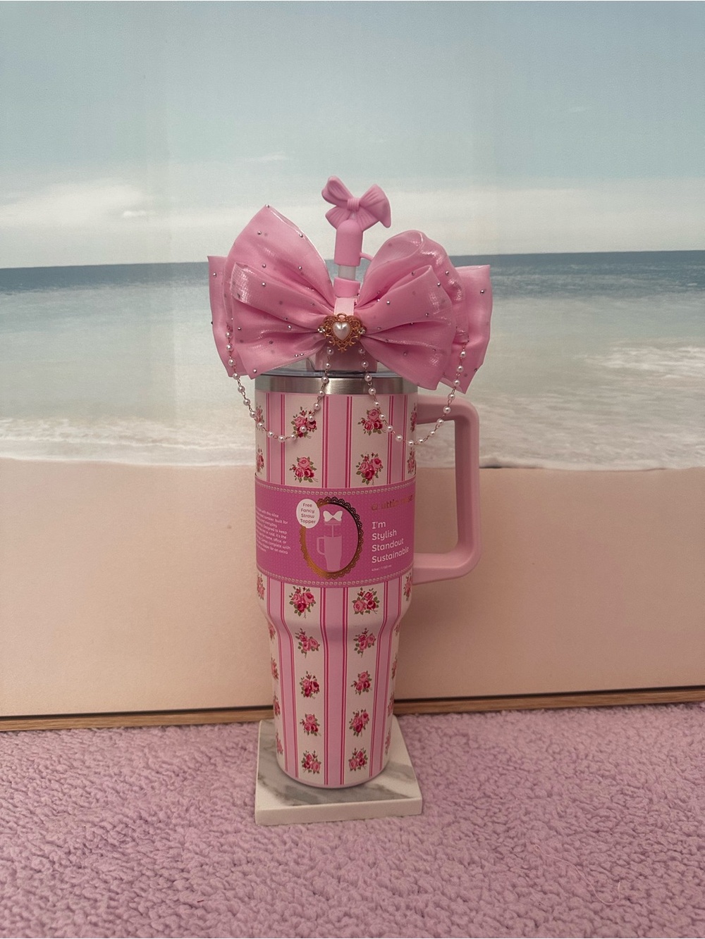 Pink Floral Striped Travel Tumbler with Bow Lid